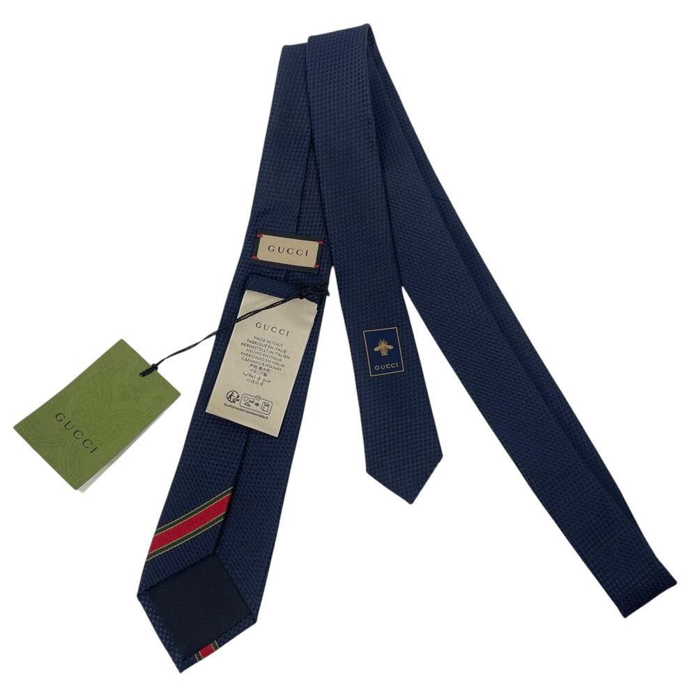 Gucci The Ricand Woven 100% Silk Tie Navy Green Red Stripe - Picture 5 of 8